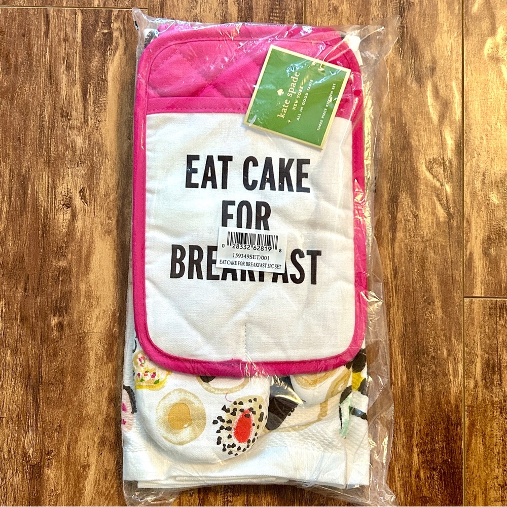 Kate Spade 3piece kitchen set eat cake for breakfast oven mitts pot holder towel